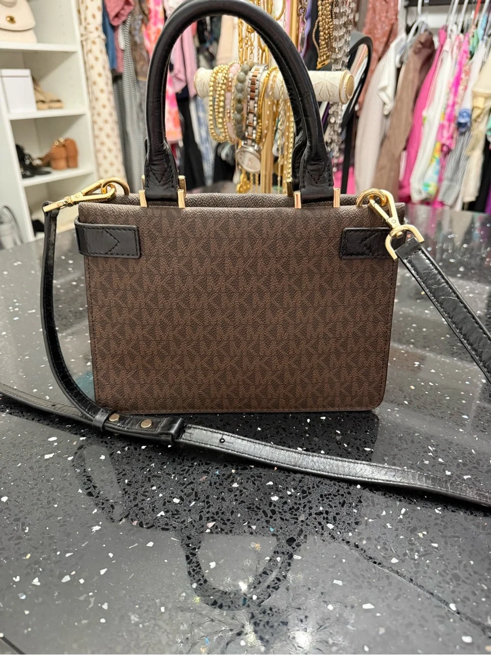 Michael Kors Brown MK Signature Satchel with Gold Hardware